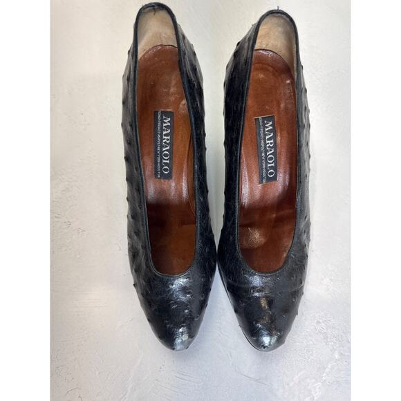 Vintage Maralolo Black Ostrich Pumps Leather Heels 7.5 Boss Old Money Classic - Picture 2 of 8